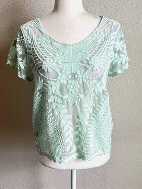 Express Mint Green Sheer Lace Top- Floral Embroidery-Size Lg-NWOT